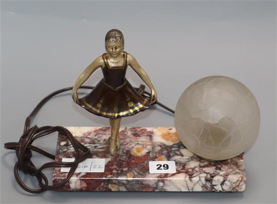 A French Art Deco spelter and marble ballerina table lamp height 20cm